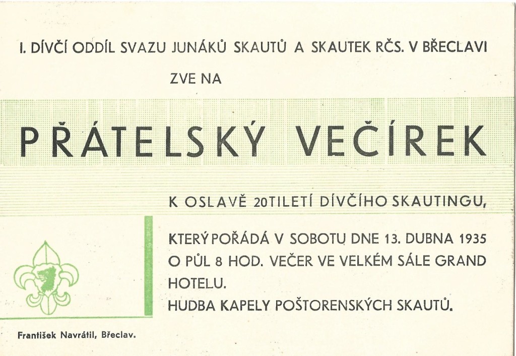 Pozvánka na večírek, dívčí skauting, Břeclav, 1935