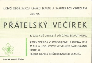 Pozvánka na večírek, dívčí skauting, Břeclav, 1935